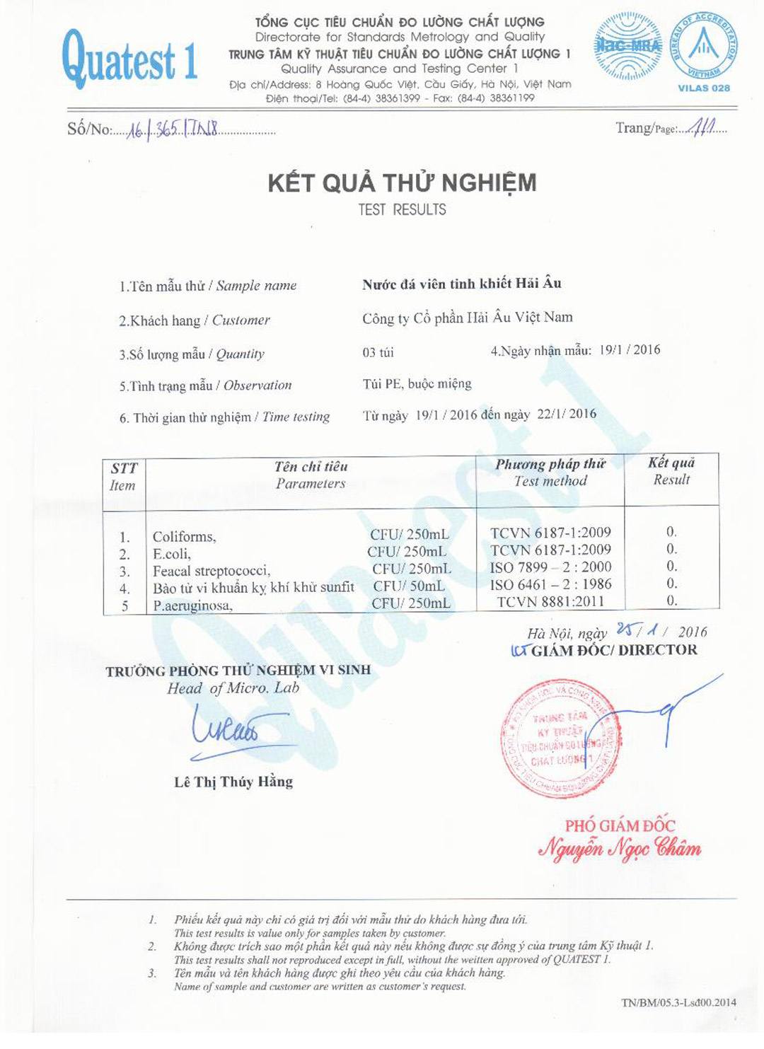 Kết quả chất lượng nước đá của máy làm đá Hải Âu Kết quả chất lượng nước đá của máy làm đá Hải Âu