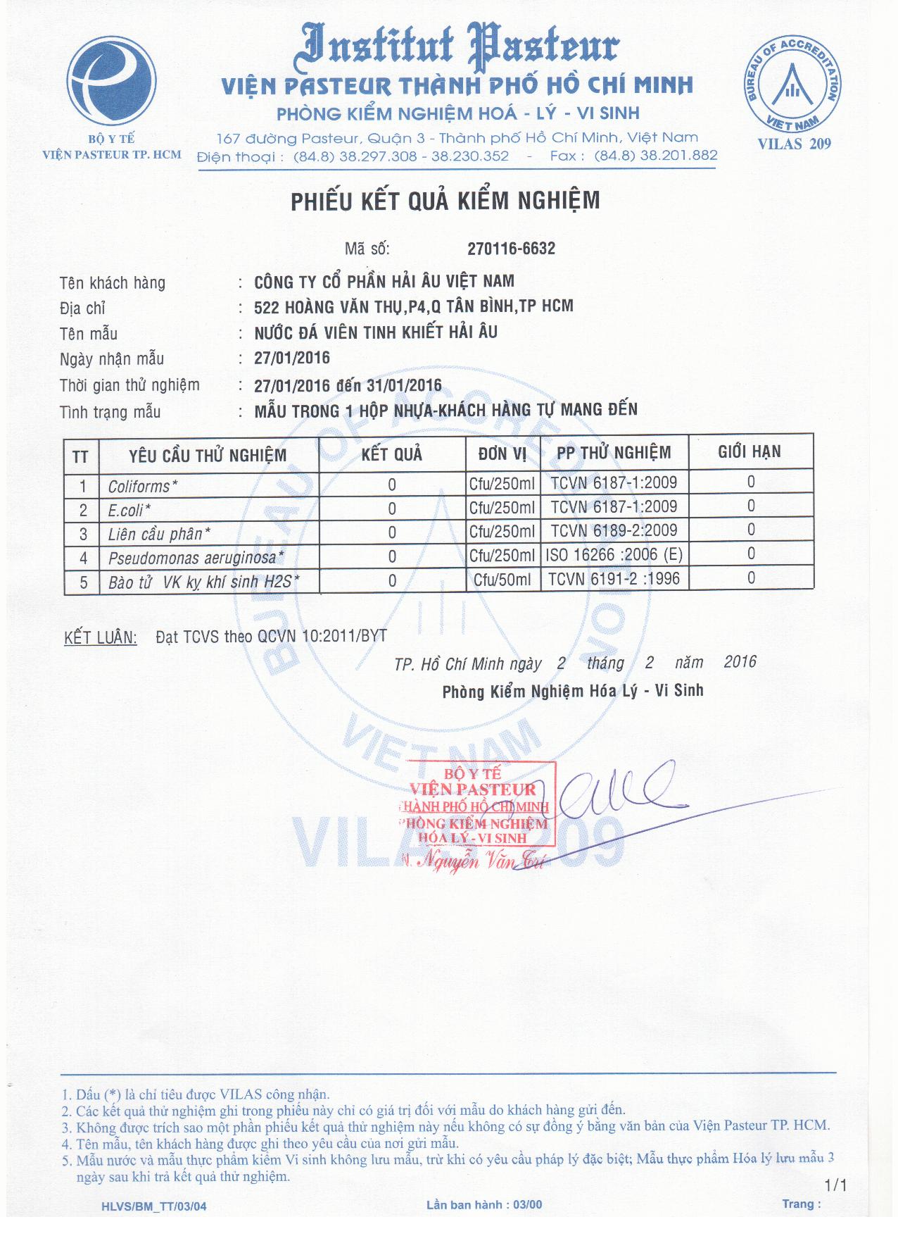 Chứng nhận viện pasteur