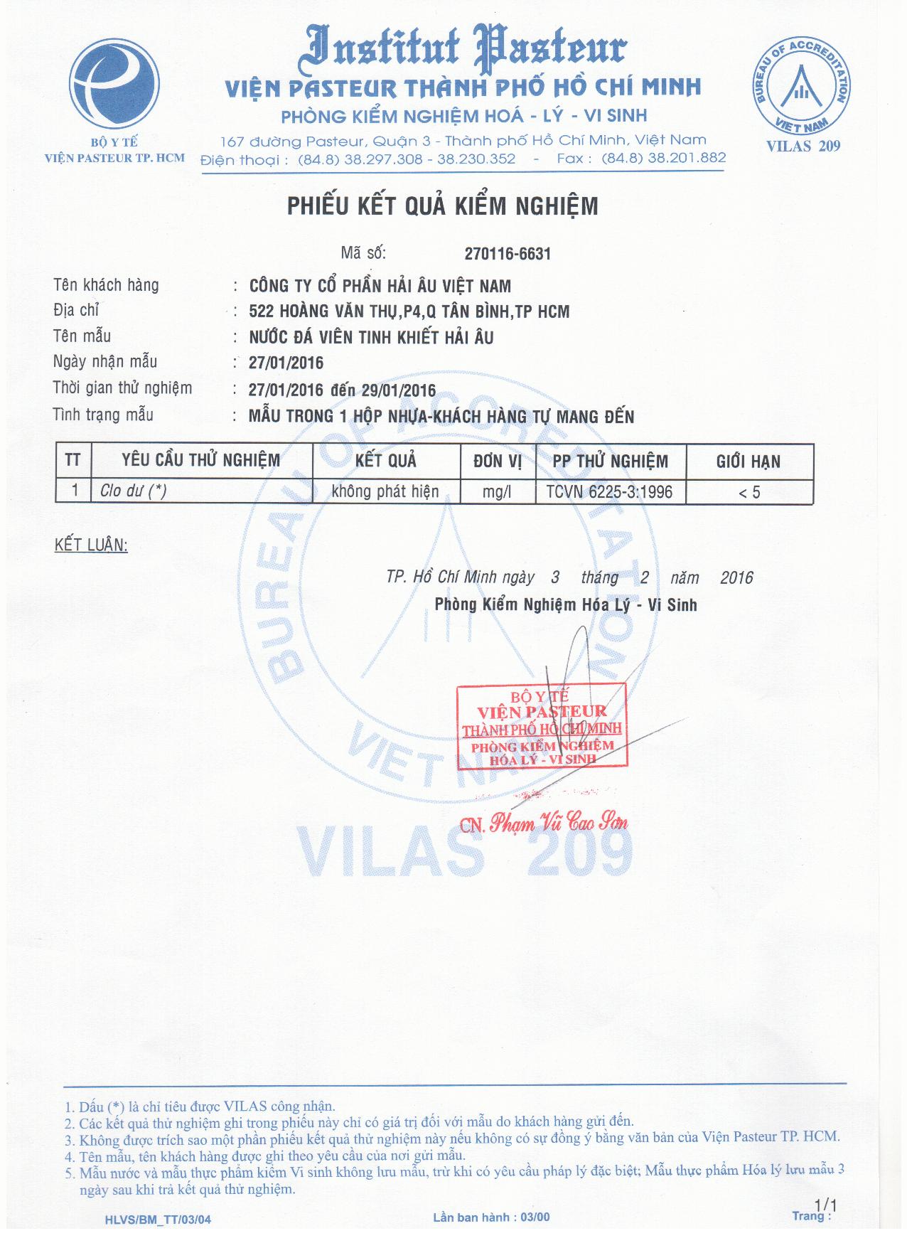 Chứng nhận viện pasteur