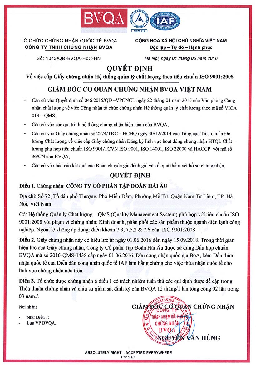 Quyết định chứng nhận tập đoàn Hải Âu đạt tiêu chuẩn ISO 9001:2008 Quyết định chứng nhận tập đoàn Hải Âu đạt tiêu chuẩn ISO 9001:2008